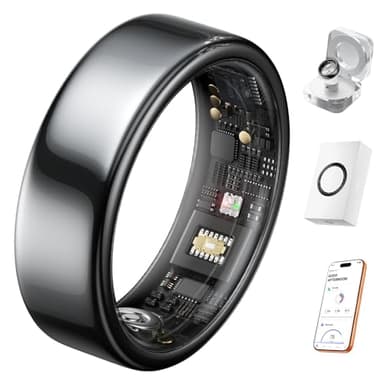 HOU Bague Connectée Homme Femme - Smart Ring Céramique Noire, Suivi de la Santé (Sommeil, Cardio, SpO2) et Sport, Étanchéité 5ATM, sans Abonnement, iOS & Android - Taille US 13