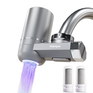 HubQua EcoUV - Filtre à Eau pour Robinet avec Technologie UV Brevetée Autogénérée, 2 Cartouches Double Action (Céramique + Fibre de Carbone) Incluses, limine Chlore, Calcaire, Bactéries et Impuretés