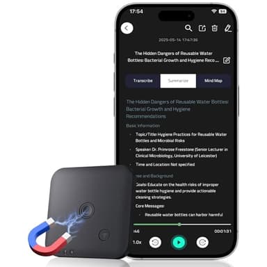 Dictaphone Enregistreur Vocal - Enregistreur Vocal IA avec Transcription et Résumés avec ChatGPT 4o, 64 Go, Supporte 102 Langues, Contrôle Via Application, Idéal pour Réunions, Entretiens et Appels
