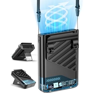 Gemmac Ventilateur Portable Rechargeable, LED Display Ventilateur Cou/Main/Bureau/Ceinture 5 Vitesses Mini Powerbank Fan Pince Silencieux Clip Hand Fan USB Chantier, Camping, Extérieur