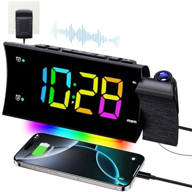 FCHERP Radio Reveil Projecteur Plafond 180°, Radio Réveil FM Numérique, Grand Écran LED, Chargeur USB, Double Alarme, 12/24H, Snooze, Horloge Projection Plafond pour la Chambre