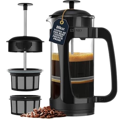 ESPRO P3 French Press – Cafetière et thé avec Double Micro-Filtre, Infusion sans Grains et sans amer, Cadre en Acier Inoxydable Robuste (Noir, 18 onces)