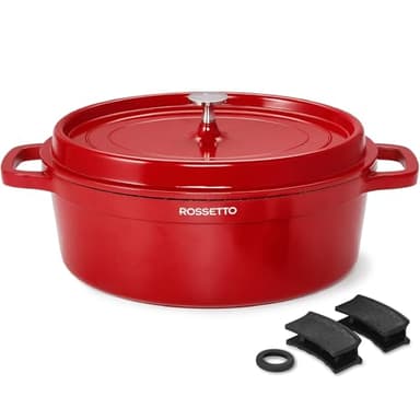 ROSSETTO 6,3L Cocotte ovale en fonte d’aluminium, revêtement antiadhérent en céramique. Couvercle avec picots saveurs. Compatible tous feux dont induction et au four jusqu’à 230℃, 31CM, Rouge