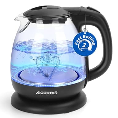 Aigostar Elfin - Bouilloire électrique, Mini Bouilloire en Verre borosilicaté avec illumination LED. 2200W, capacité de 1L, sans BPA. Ébullition rapide, protection contre l’ébullition à vide, Noire