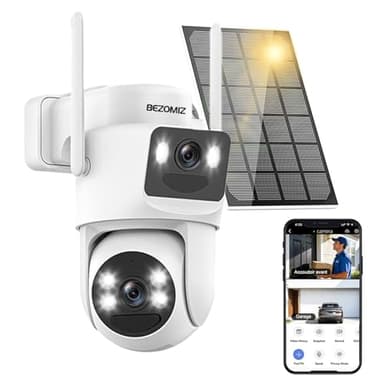 BEZOMIZ 4K Caméra Surveillance WiFi Extérieure à Double Objectif,360° PTZ Caméra IP,8MP Détection Humaine avec Panneau Solaire,Suivi Automatique,Vision Nocturne Couleur,Étanche,Audio (Blanc)