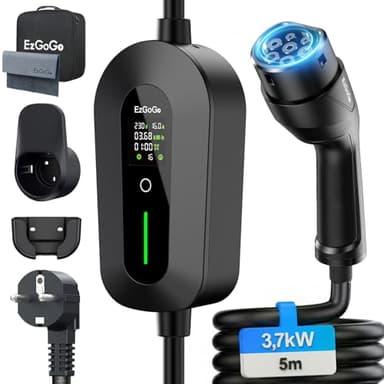 EzGoGo Chargeur Voiture Electrique 3,68 KW, 5 m, 6-16 A, Cable Recharge Voiture Electrique Type 2 avec écran LCD réglable & Indice IP65, pour Toutes Voitures électriques et PHEV (Norme IEC 62196-2)