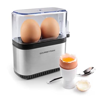GOURMETmaxx Cuit-œufs pour 2 œufs | Egg Cooker électrique à économie d'énergie | Oeufs parfaits pour le petit déjeuner | Avec bol doseur & oeuf-pick | Design compact & sans BPA [Acier inoxydable]