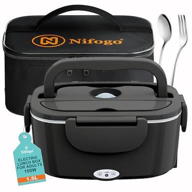 Nifogo Gamelle Chauffante 100W pour Voiture et Camion et Bureau Lunch Box Électrique 3 en 1 Acier Inoxidable 12V 24V et 230V - Boîte à Repas 1,5L avec Gris Sacs Isolants(Noir)