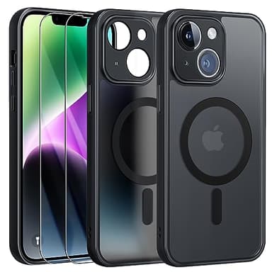 FLLAO Magnétique Coque pour iPhone 14 avec 2 Verre Trempé, Compatible avec MagSafe, Protection d'objectif Tout Compris, Etui Translucide Mat Arrière Housse Fine Antichoc Case (Noir)