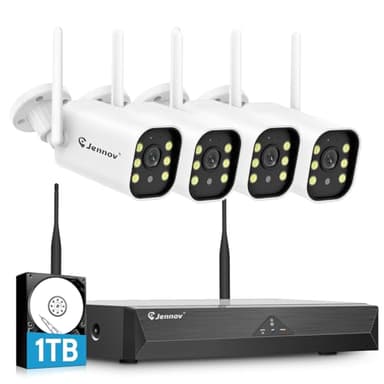 Jennov 5MP Kit Caméra Surveillance WiFi Extérieure, 10CH 5MP NVR et 4X Caméra avec Grand Angle 120°, Enregistrement 24/7, Détection Humaine, Audio Bidirectionnel, Vision Nocturne Couleur, 1TB