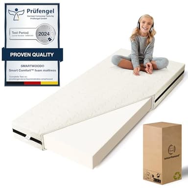 smartwood Matelas 80x160 Enfant – Mousse Matelas 12 cm – Mi-fermé H2 Certifié Oeko-TEX – Réversible – Housse Lavable Anti-Allergique et Respirante | Made in EU