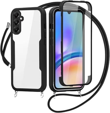 FERLAN Coque avec Cordon pour Samsung Galaxy A14 5G, Collier Ajustable,Coque Antichoc Housse avec Protection écran, 360° Protection Case Robuste Double Bumper Etui Intégrale (Noir)