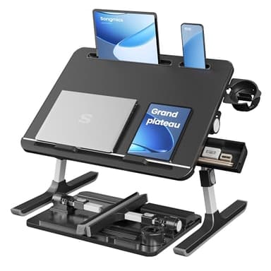 SONGMICS Table de Lit, Bureau Pliable, Plateau 56 x 40 cm, Inclinaison Continue à 120°, Hauteur Réglable, Porte-Gobelet, Support pour Ordinateur Portable, pour Lit, Canapé, Noir d’Encre LLD113BC01