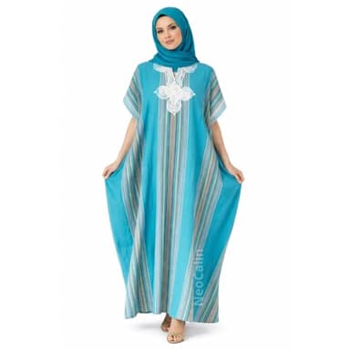 Gandoura Caftan Femme en Coton de Qualité Supérieure - Style Marrakech Bohème, Taille Standard (FR/ES, Alpha/Lettres, Taille Unique, Taille Normale, Taille Normale, Bleu Turquoise)