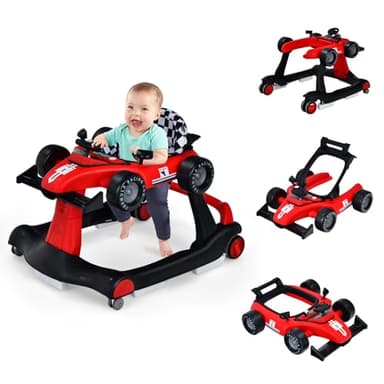 COSTWAY Trotteur Bébé Garçon Pliable 4 en 1 avec 3 Hauteur Réglable, Trotteur Marche Bébé Garçon Évolutif avec Musique & Lumière, Roues Silencieuses, 5 Patins Antidérapants pour 6-18 Mois(Rouge)