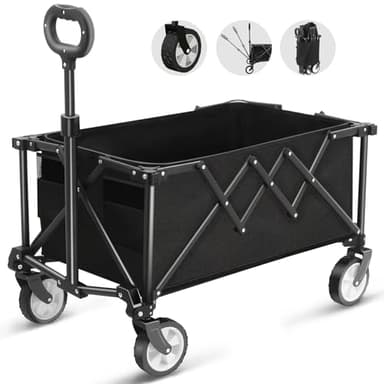 Wagon Pliant à roulettes, Chariot de Grande Capacité de 100kg avec Poignée Réglable et Sac à Couvercle, Chariot de Pique-Nique pour Festival Shopping Camping Jardin Plage (Noir)