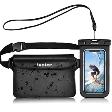 ivoler 2 en 1 Kit Sac avec Pochette Étanche Téléphone, Etui Imperméable à Ceinture avec Housse Étanche Smartphones pour Camping Nautique Kayak Pêche Rafting Natation (Noir)