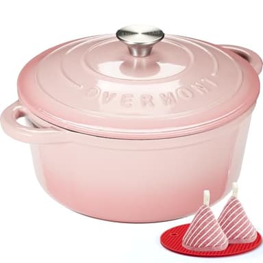 Overmont Cocotte en Fonte Émaillée - Ø24 cm Casserole Antiadhésive Avec Couvercle et Maniques en Coton - Batterie de Cuisine Robuste pour Braiser Ragoûts Rôtir Pain - Rose pastel