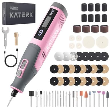 Katerk Outils Rotatifs Multifonction, 6 Vitesses 8000-28000 tr/min, Mini Perceuse Sans Fil avec 4000 mAh Batterie, 70 Pièces Accessoires pour Sculpture, Polissage, Ponçage, Perçage et Bricolage - Rose