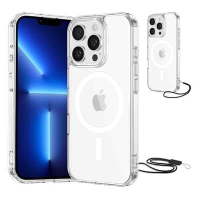 NEW'C Magnétique Coque pour iPhone 13 Pro Max (6,7 Pouces), Compatible avec MagSafe Antichoc Ultime avec Cordon – Magnétisme Puissant et Protection Militaire - Etui Fine - Transparent
