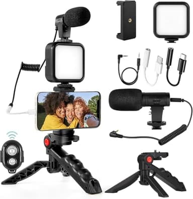 Kit complet de vlogging pour iPhone et Android : kit de démarrage YouTube avec microphone, lumière LED, trépied, télécommande – Perfect Studio Creator Video Maker pour YouTube, Instagram, Facebook