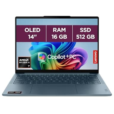 Lenovo Yoga Slim 7 14AKP10 - Ordinateur Portable 14'' OLED WUXGA Copilot+ (AMD Ryzen AI 7 350, RAM 16Go, SSD 512Go, AMD Radeon 860M Graphics, Windows 11 Home) Clavier AZERTY Français - Tidal Teal