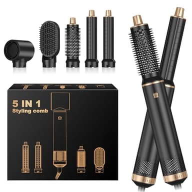 Brosse Soufflante Airbrush 5 en 1 Air Styler Seche Cheveux Mulit Air Brush Set, Or Noir Hair Boucleur à Cheveux Automatique 3 Vent-Température (Sécher, Boucler, Lissante)