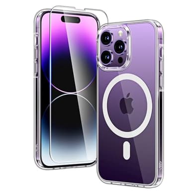 TAURI Coque Magnétique pour iPhone 14 Pro avec Protection écran, [Compatible avec MagSafe] Protection Anti-Choc Mince et Anti-Chute - Transparent