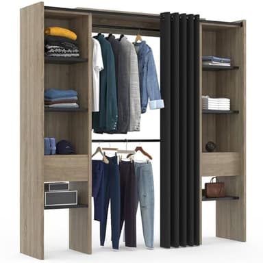 IDMarket - Dressing Extensible Double Meryl 120/180 x 50 x 180 cm hêtre avec étagères hêtre + Double penderie + Rideau Noir