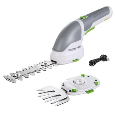 WORKPRO Cisaille Sculpte-Haie et Taille-Herbes sans Fil 3,6V, Cisaille à Gazon avec 2 Lames, Largeur/Longueur de Coupe 7,5 cm/12 cm, Batterie 2000mAh et Type C, pour Coupe, Elagage, Gris Blanc