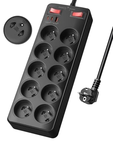 Bloc Multiprise avec Interrupteur,Multiprise Parafoudre et Surtension,Prise Multiple avec USB C PD20W,Bloc 10 Prises Française 16A 2P+T Rallonge Electrique 2m Parasurtenseur pour Maison,Bureau,Noir