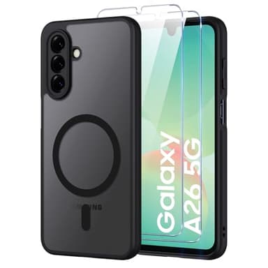Oelrstfe Coque pour Samsung Galaxy A26 5G Compatible avec MagSafe avec 2 Verre Trempé, Magnétique Etui Translucide Mat Arrière Housse, d'objectif Tout Compris Ultra Fine Antichoc Case, Noir