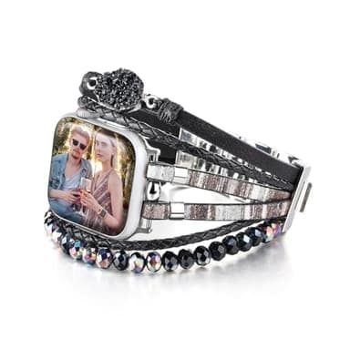 CHARMINGO Bracelet en cuir bohème compatible avec Apple Watch pour homme et femme 44 mm/45 mm/46 mm/42 mm/49 mm Series 9 8 7 SE 6 5 4 – Joli bracelet fait à la main avec perles multicouches pour