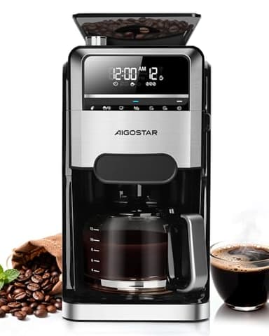 Aigostar Cafetiere a Grain Avec Broyeur Intégré, 1400W Machine a Cafe Grain, 7 Moutures, 3 Intensités, 1,5 L (2-12 Tasses), 24H Cafetière Programmable, Maintien Température, Noir - Personnalisez Café