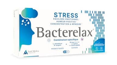 Bacterelax® – Anti-stress, humeur positive, équilibre émotionnel, détente, concentration et mémoire - Probiotiques, safran, magnésium, vitamines B et D - Complément alimentaire - 32 gélules