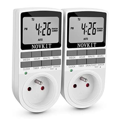NOVKIT Programmateur Prise Électrique et Digitale, Minuterie Prise Numérique à 10 Programmes Journaliers Hebdomadaires avec Mode Anti-vol et Grand LCD écran, Économiser Électricité (Paquet de 2)