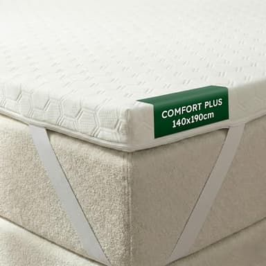 WENDRE Surmatelas 140x190 – 7 cm Mousse Froide – Confort Plus Ferme – avec Élastiques de Fixation – Housse Lavable – Certifié Oeko-TEX – Fabriqué en Europe