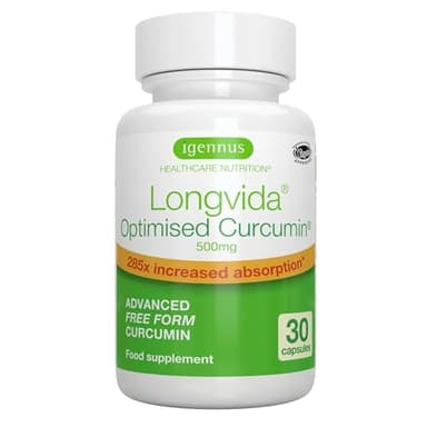 Longvida Curcumin - Curcumine Optimisée, 500 mg, 285x plus de biodisponibilité, absorption rapide, cliniquement prouvé, vegan, 30 capsules - par Igennus