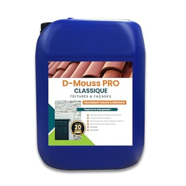 D-Mouss Pro nettoyant professionnel pour toitures et façades - traitement curatif et désincrustant longue durée - Prêt à l'emploi - Anti traces vertes, noires et rouges - 20L