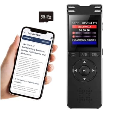 CleverTalk Enregistreur Vocal avec IA et Transcription Automatique, 128Go, Dictaphone Numerique HD 1536kbps, Activation Vocale, Double Micro Reduction Bruit, Traduction 50+ Langues, USB-C