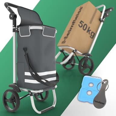 Heimfleiss® Chariot de Courses Pliable 56L | Caddie de Courses Pliant avec 50kg de Charge Utile | Sac de Courses Léger à roulettes | Chariot de Shopping XL avec Compartiment Isotherme | Gris
