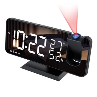 Aikove Reveil Projecteur avec Radio, Horloge Numérique, Radio Reveil USB avec Double Alarme et Écran Miroir LED de 7, Snooze, 4 Niveaux de Luminosité, 12/24h, 15 Volume, pour La Maison, Le Bureau