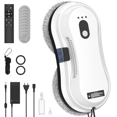 IERAKOR Robot Laveur de Vitre, 5600Pa Robot Lave Vitre Automatique, Pulvérisation d'eau Automatique, 35 ML Réservoir d'eau, 3 Modes de Nettoyage, Télécommande, Détection de Bord, 10 Chiffons