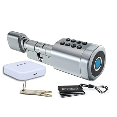 Cylindre de serrure connecté Bluetooth Tuya – Alliage d’aluminium argent aspect inox – Internet via passerelle Bluetooth/Wi-Fi incluse – Accès : Code, badge (4), empreinte, smartphone, clé (2) – IP55