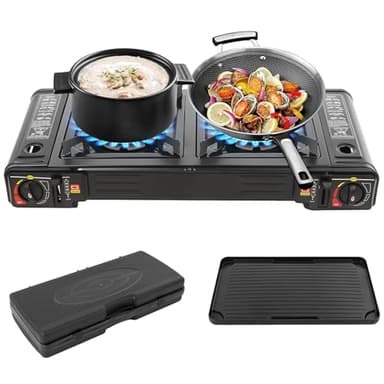 Réchaud à gaz portable 2 feux avec plateau de barbecue et mallette de rangement pour camping, voyage, randonnée, pique-nique, barbecue sur la terrasse et bien plus encore