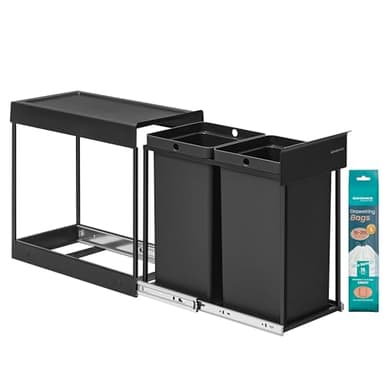 SONGMICS Poubelle de Tri Sélectif, Poubelle de Cuisine Extractible Coulissante, 2 Seaux de 15 L, Coulissement en Douceur, Structure en Acier, Couvercle en ABS, Noir d'Encre LTB950B01