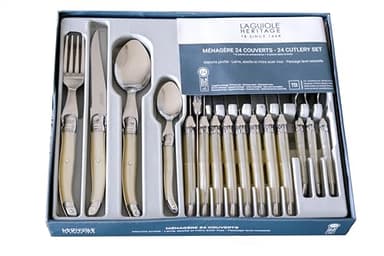 Laguiole Production - Ménagère 24 pièces - Set de couverts de table acier inox et ABS pour 6 personnes - Présentation coffret cadeau - Couleur nacre ivoire