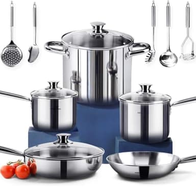 HOMICHEF Batterie de cuisine en acier inoxydable sans nickel 14 pièces - marmites et poêles sans nickel - Batterie de cuisine non toxique en acier inoxydable - Batteries de cuisine à induction saines