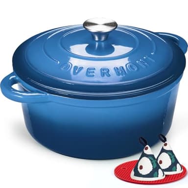 Overmont Cocotte en Fonte Émaillée - Ø24 cm Casserole Antiadhésive Avec Couvercle et Maniques en Coton - Batterie de Cuisine Robuste pour Braiser Ragoûts Rôtir Pain - Bleu saphir