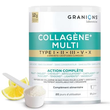 MULTI Collagene - 5 Types de Collagène - GRANIONS Collagène N°1 en Pharmacies - Collagene et Acide Hyaluronique - Marin Poudre - Collagene Marin + Vitamine C - 20 études cliniques - Goût Citron 260 g